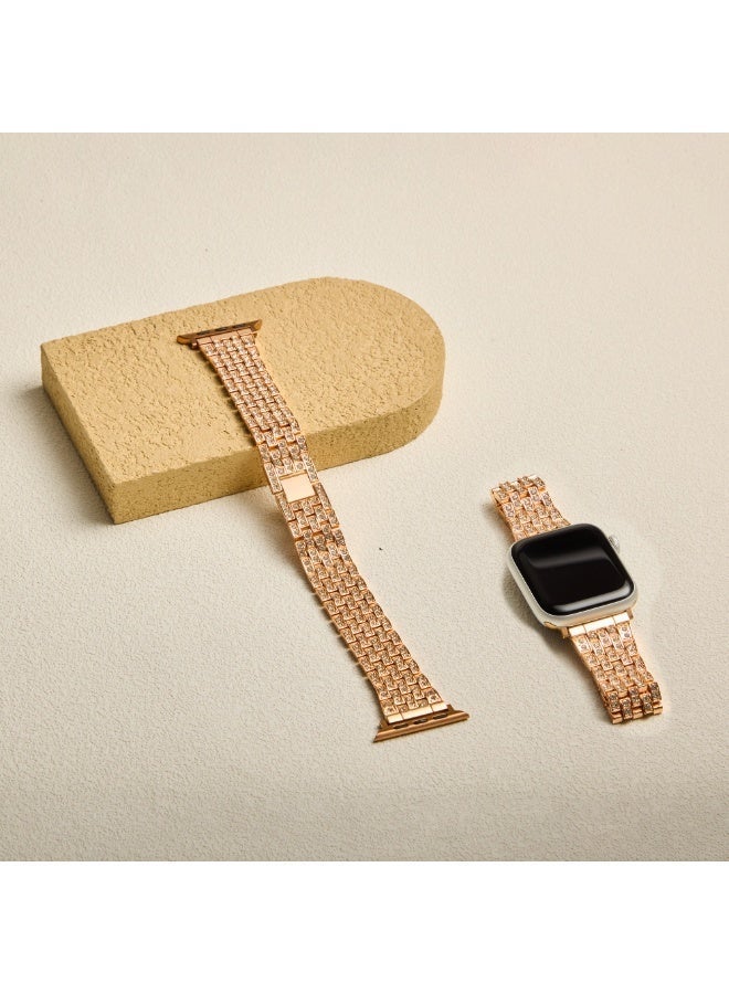 سوار فاخر لساعة آبل مزين بحجر الزركون، حزام من الفولاذ المقاوم للصدأ قابل للتعديل، متوافق مع مقاسات 42 مم و44 مم و45 مم و49 مم (السلسلة 1–9، SE، ألترا وألترا 2) — ذهبي وردي - Image 3